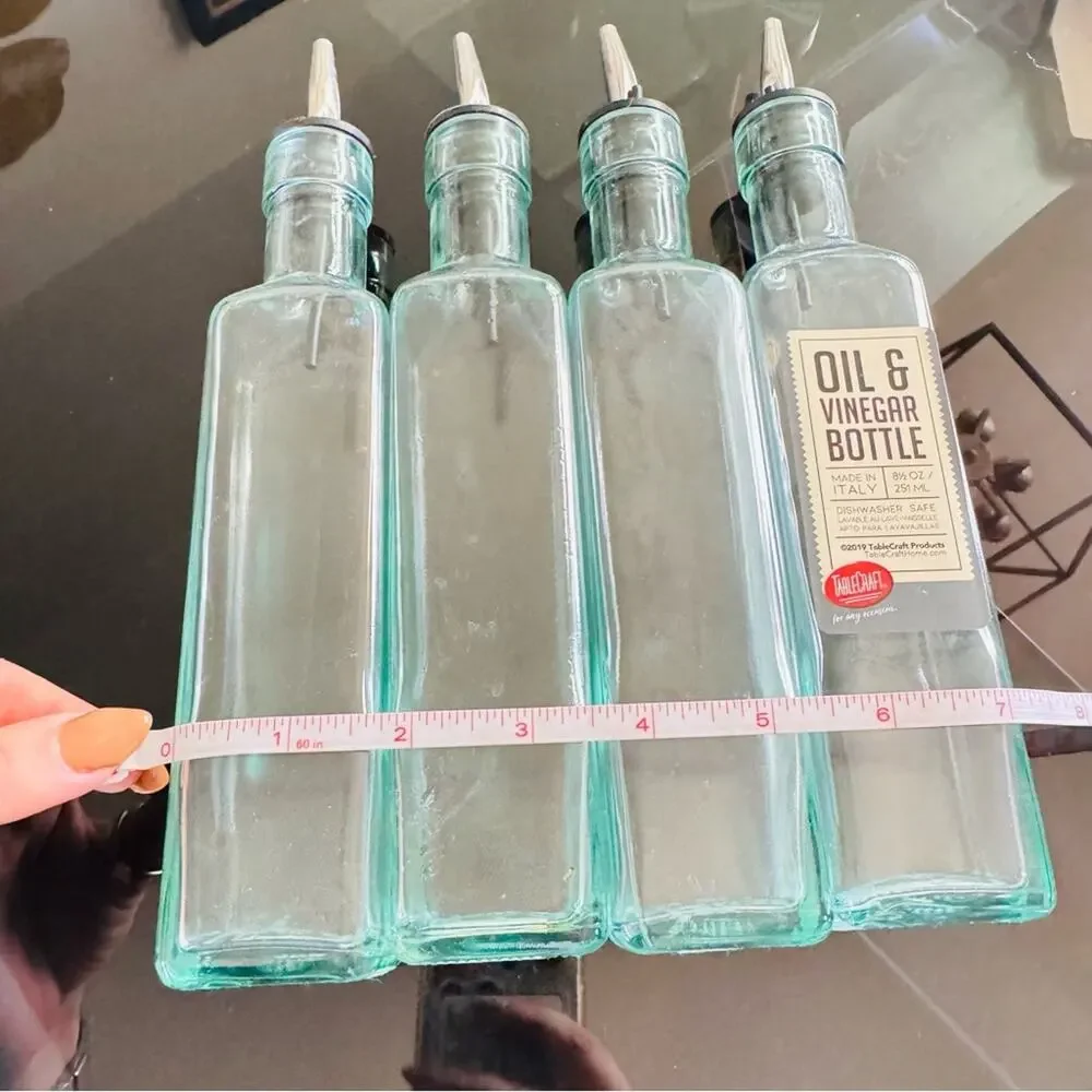 4 POTTERY BARN ITALY Clear Green Glass Olive Oil Bottle Dispenser Silver Spout
